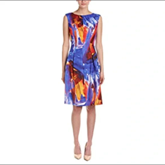 Size 10 Ellen Tracy A-Line Midi Print Dress (blue, purple, orange) - Picture 5 of 6